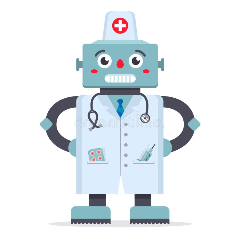 Leuke robot arts in een witte laag een spel van geneeskunde Technologie?n van de toekomst Het ziekenhuisbehandeling vector illustratie Leuke robot arts in een witte laag een spel van geneeskunde Technologie?n van de toekomst Het ziekenhuisbehandeling vector illustratie