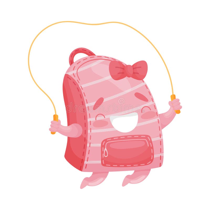 Leuke roze schooltassprongen op een touwtjespringen Vector illustratie op witte achtergrond stock illustratie Leuke roze schooltassprongen op een touwtjespringen Vector illustratie op witte achtergrond stock illustratie