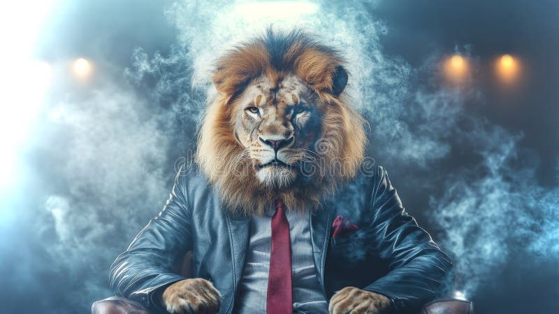 Leul feroce într-un blazer negru din piele, elegant, care emană încredere și putere într-un cadru dramatic royalty free stock photography