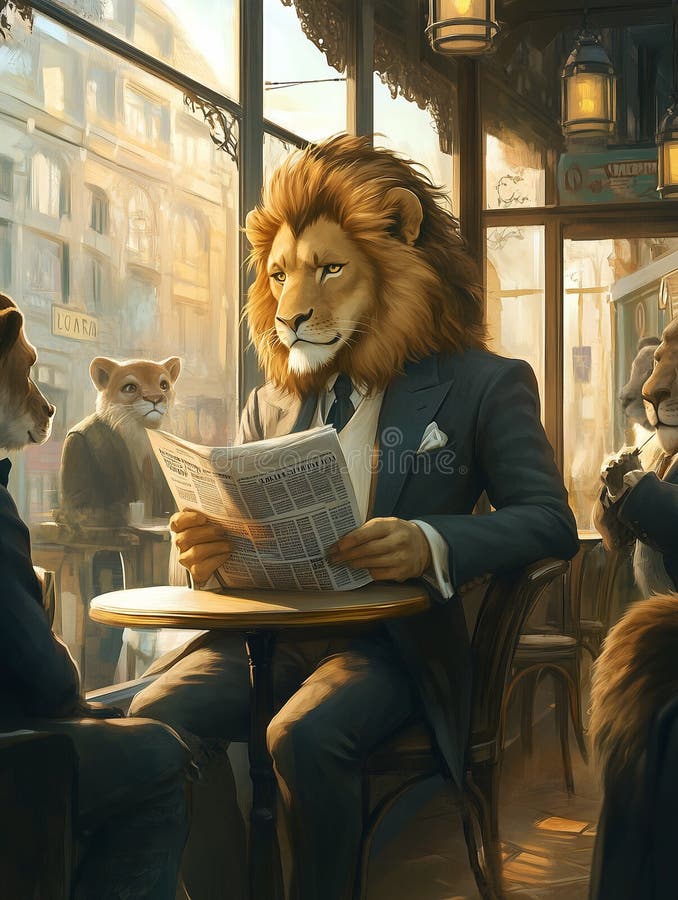 Leul în costum special, savurând cafea și citind ziare la cafenea după-amiază stock image