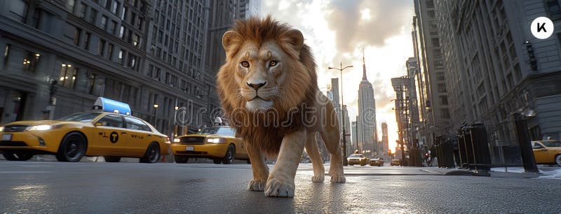Leul într-un costum special se plimbă pe străzile orașului la apus royalty free stock photo