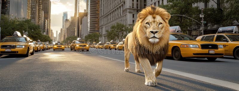Leul într-un costum special se plimbă pe străzile orașului la apus royalty free stock photos