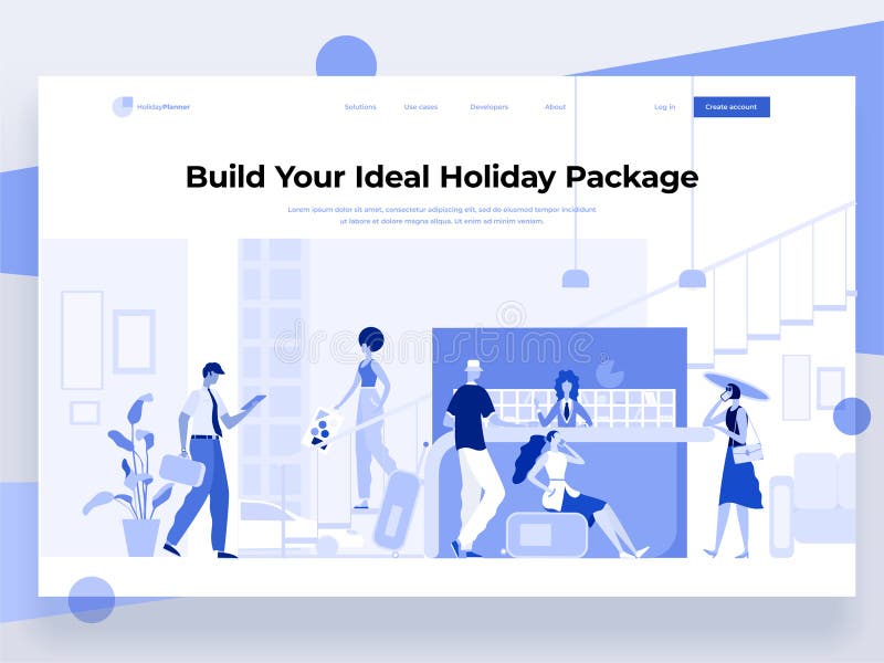 People stay near the registration desk and book a hotel while interacting with devices. Holiday and vacation. Flat vector illustration. Landing page template. People stay near the registration desk and book a hotel while interacting with devices. Holiday and vacation. Flat vector illustration. Landing page template.