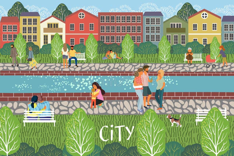 Leute in der Stadt Stadtbildvektorillustration mit Leuten, Fluss, Gebäuden, Häusern und Bäumen Städtische Szenenzeichnung stock abbildung Leute in der Stadt Stadtbildvektorillustration mit Leuten, Fluss, Gebäuden, Häusern und Bäumen Städtische Szenenzeichnung stock abbildung