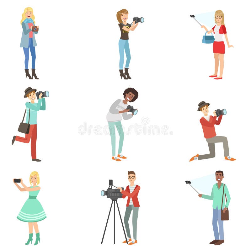 Leute, die Fotos mit Foto und Videokameras machen vektor abbildung Leute, die Fotos mit Foto und Videokameras machen vektor abbildung