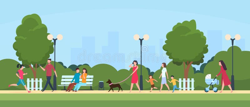 Leute im Park Personenfreizeit- und -sportt?tigkeiten im Freien Karikaturfamilie und Kindercharaktere im Sommerparkvektor