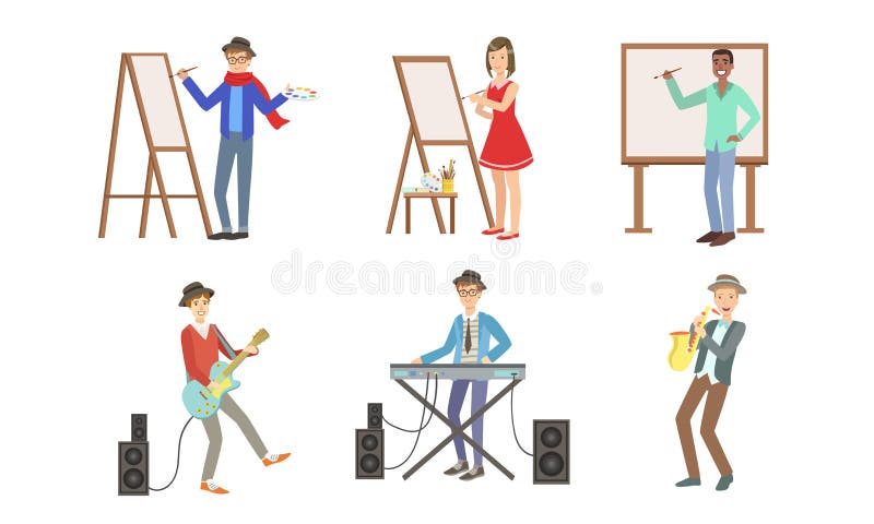 Leute mit kreativen Berufen, Künstler auf Leinwand und Musiker mit Musikinstrumenten Vector lizenzfreie abbildung Leute mit kreativen Berufen, Künstler auf Leinwand und Musiker mit Musikinstrumenten Vector lizenzfreie abbildung