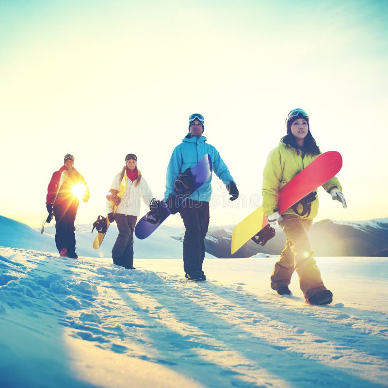 People Snowboard Winter Sport Friendship Concept. People Snowboard Winter Sport Friendship Concept