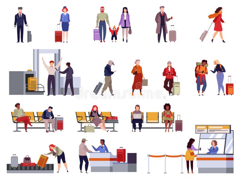 People airport set. Family travel registration passport control checkpoint security airport terminal luggage travelling passenger vector isolated collection. People airport set. Family travel registration passport control checkpoint security airport terminal luggage travelling passenger vector isolated collection