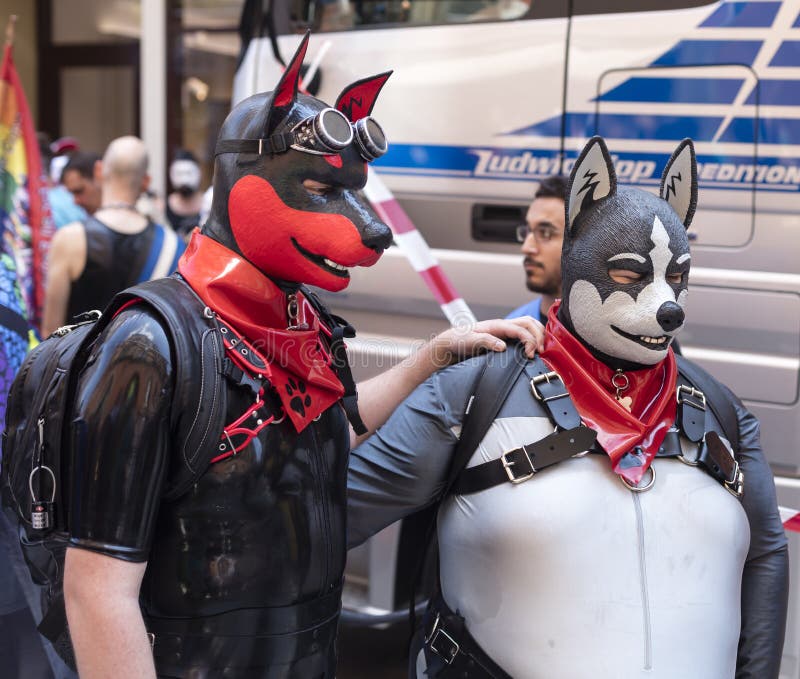 2018: Leutetragende Gummifetischhundeköpfe und -kostüme, die an der Schwulenparade alias Christopher Street Day teilnehmen stockbilder 2018: Leutetragende Gummifetischhundeköpfe und -kostüme, die an der Schwulenparade alias Christopher Street Day teilnehmen stockbilder