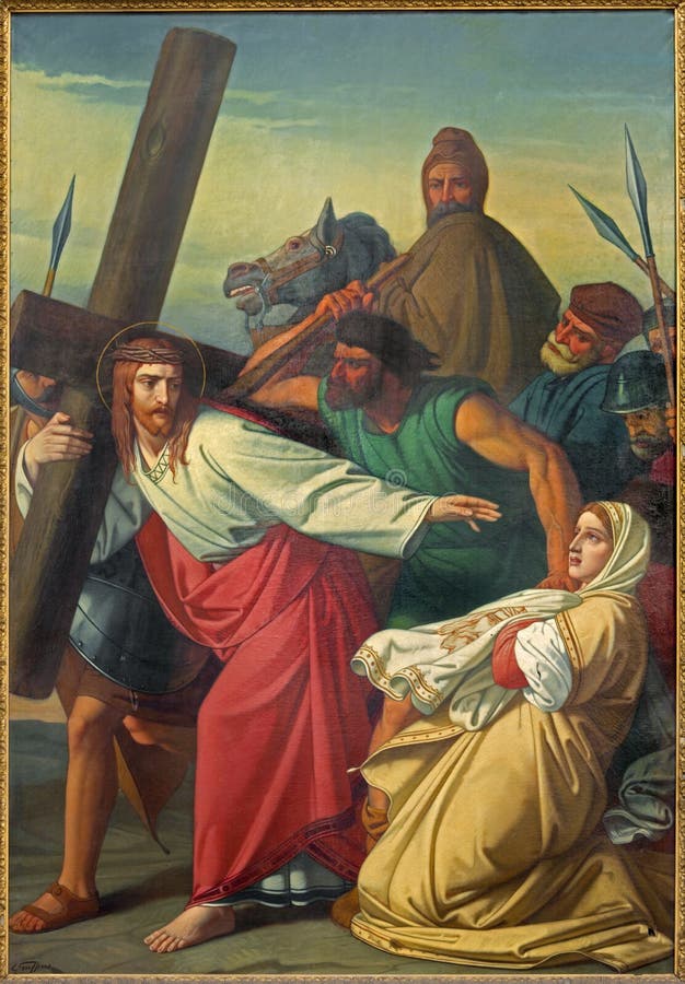 Leuven - farba scena Jezus i Veronica na przecinającym sposobie g Guffens w St Michael kościół zdjęcia stock Leuven - farba scena Jezus i Veronica na przecinającym sposobie g Guffens w St Michael kościół zdjęcia stock