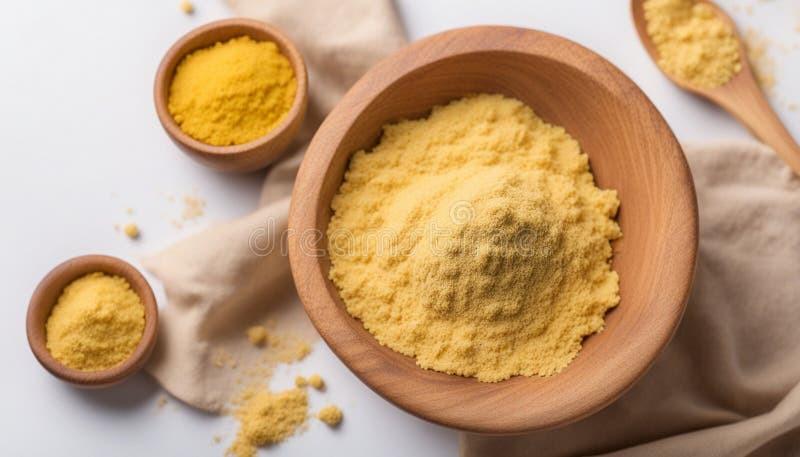 Levadura nutricional generada por ai en un espacio de copia del intestino de madera espacio de fondo blanco. concepto de comida vegetal saludable
