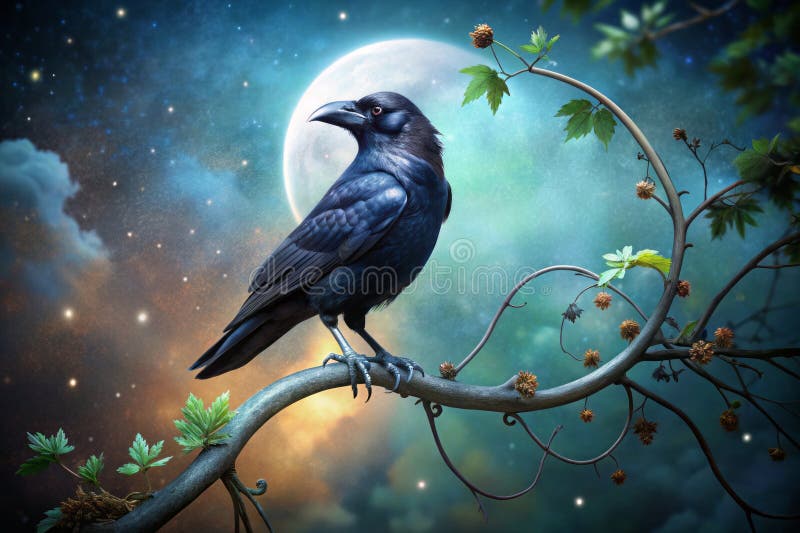 Levain énigmatique sur une branche lune : une étude sur l'élégance nocturne et la mystique illustration libre de droits
