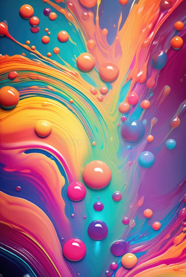 Brightly colored liquid pattern with glossy 3D spheres floating above the surface AI generated. Brightly colored liquid pattern with glossy 3D spheres floating above the surface AI generated