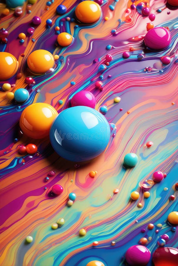 Brightly colored liquid pattern with glossy 3D spheres floating above the surface AI generated. Brightly colored liquid pattern with glossy 3D spheres floating above the surface AI generated