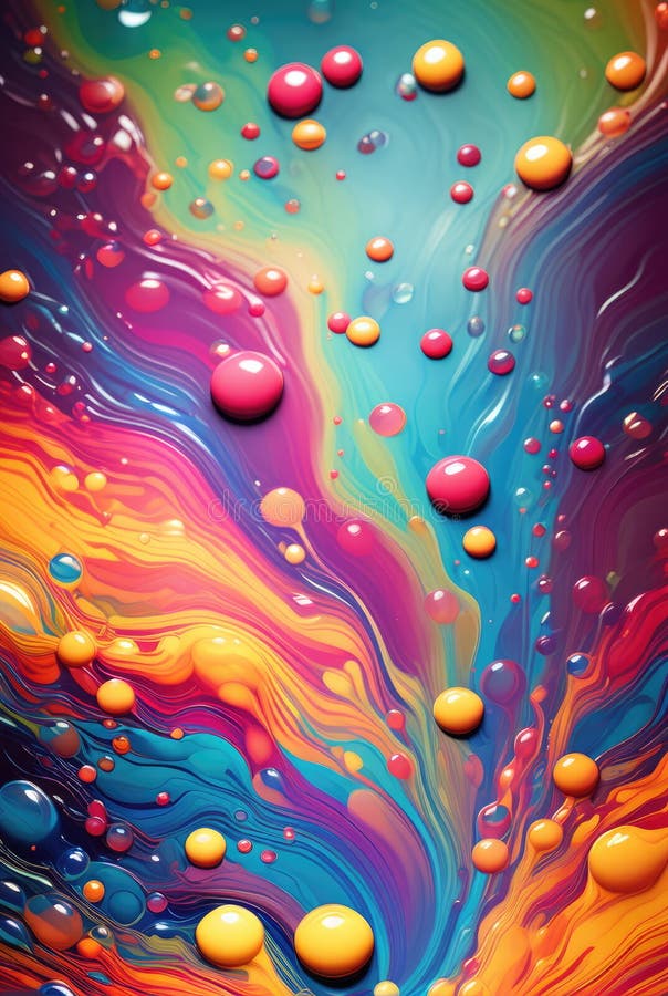 Brightly colored liquid pattern with glossy 3D spheres floating above the surface AI generated. Brightly colored liquid pattern with glossy 3D spheres floating above the surface AI generated