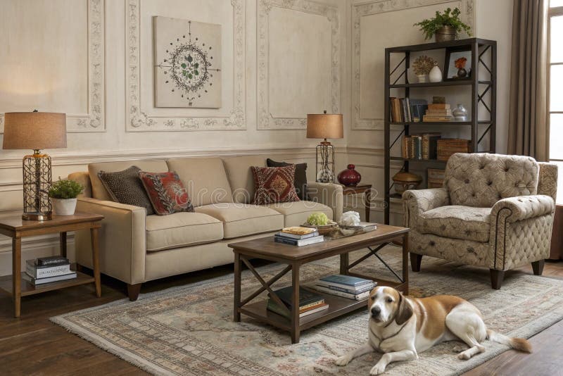 Levande rum med beige modulär sofa och hund på rug vektor illustrationer