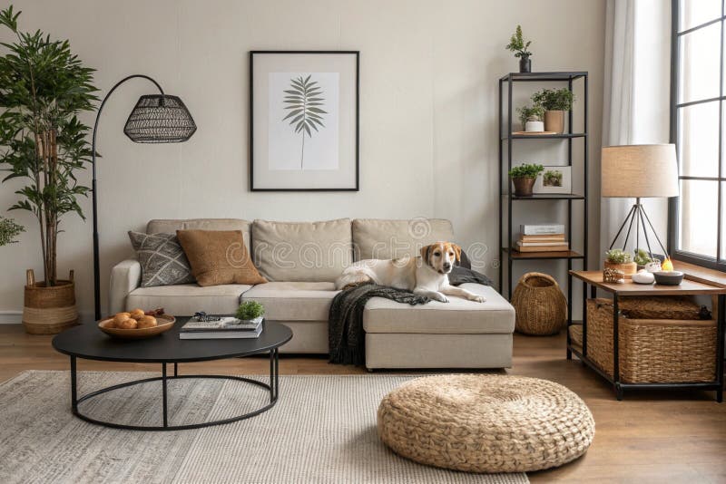Levande rum med modulärt soffa och hund på soffa vektor illustrationer