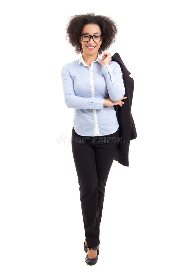 Levantamento afro-americano bonito novo da mulher de negócio isolado foto de stock Levantamento afro-americano bonito novo da mulher de negócio isolado foto de stock