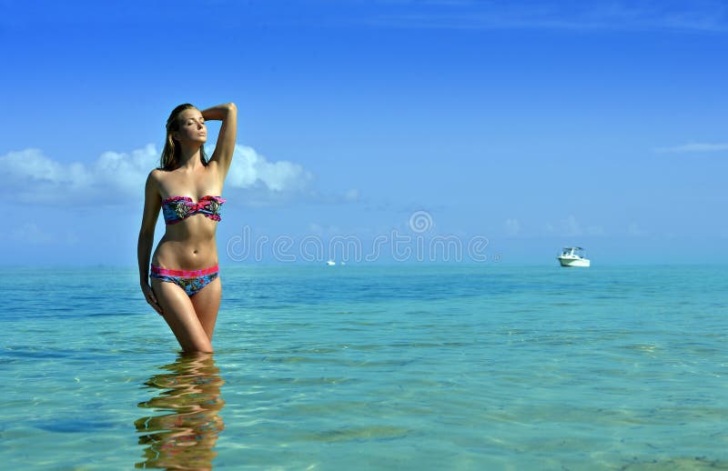 Levantamento do modelo do biquini 'sexy' na frente da câmera na praia tropical imagem de stock Levantamento do modelo do biquini 'sexy' na frente da câmera na praia tropical imagem de stock
