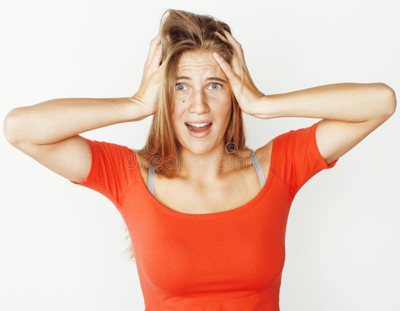 Levantamento louro bonito novo da menina emocional no fundo branco isolado, conceito dos povos do estilo de vida imagem de stock Levantamento louro bonito novo da menina emocional no fundo branco isolado, conceito dos povos do estilo de vida imagem de stock
