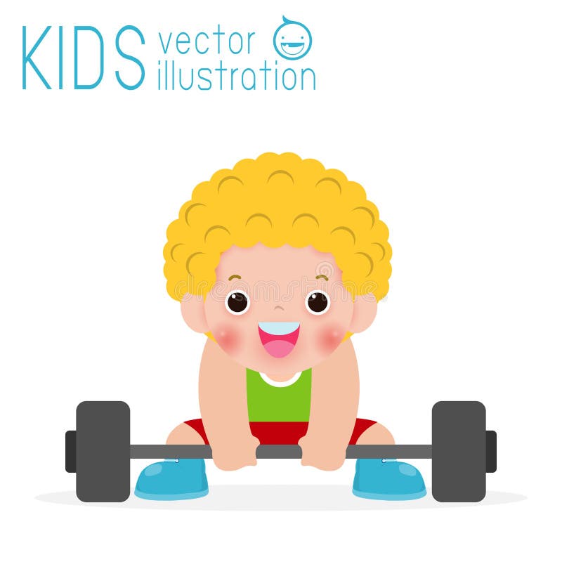 Levantamiento de pesas feliz de ejercicio de los niños aislado en el fondo, los niños y el ejemplo blancos del vector del deporte libre illustration Levantamiento de pesas feliz de ejercicio de los niños aislado en el fondo, los niños y el ejemplo blancos del vector del deporte libre illustration