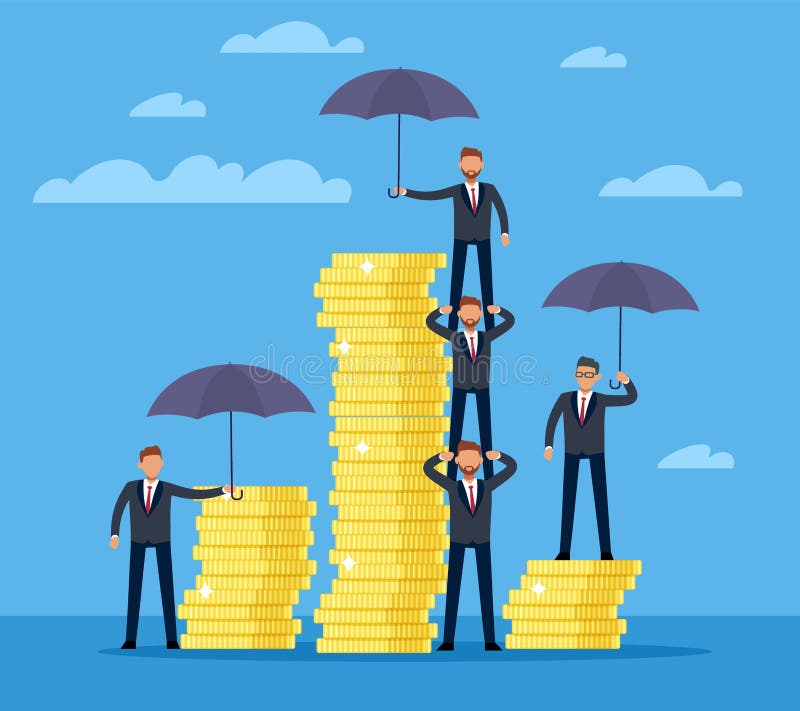 Level of protection of your finances. People in suits hold umbrellas over stacks of gold coins, bank deposit insurance vector illustration