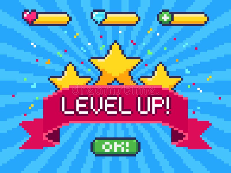 Level Up screen. Pixel video game achievement, pixels 8 bit games ui and gaming level progress vector illustration