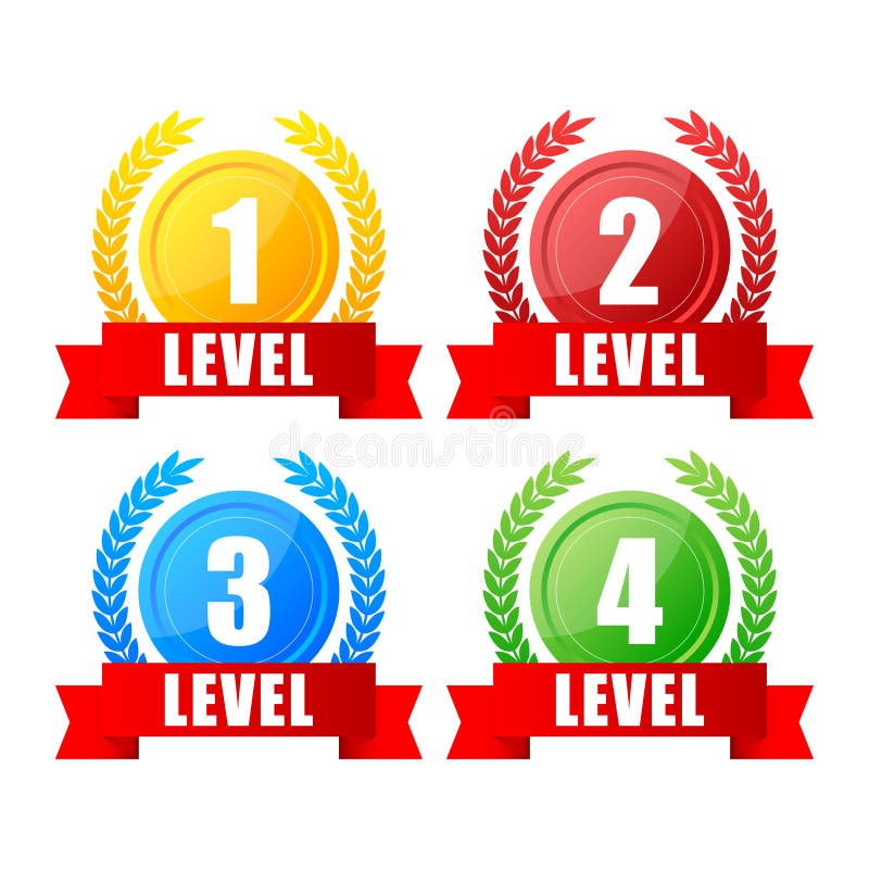 1,2,3,4 level up sign. Game label, award, rating. Level results. Vector illustration. stock illustration