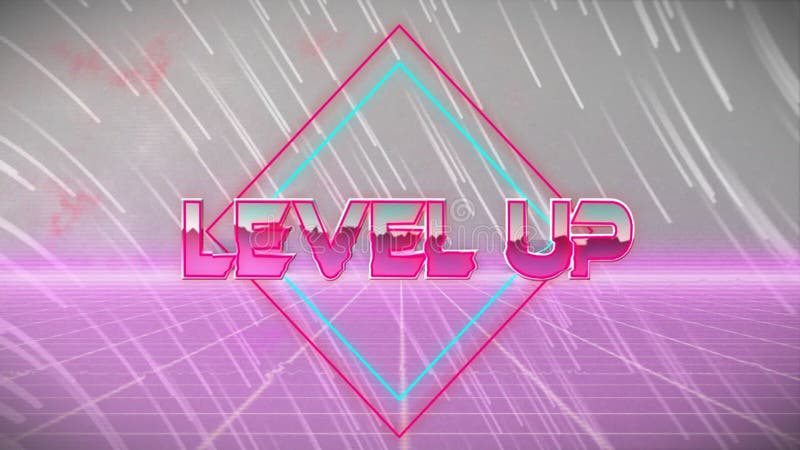 Level up text animation over neon geometric shapes and lines stock illustration