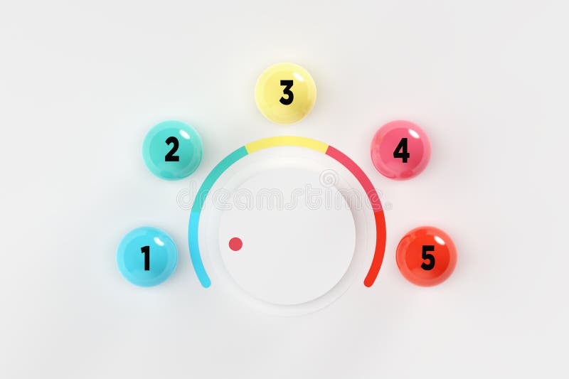 Level or volume knob with numbers on colorful spheres. 3d render stock illustration