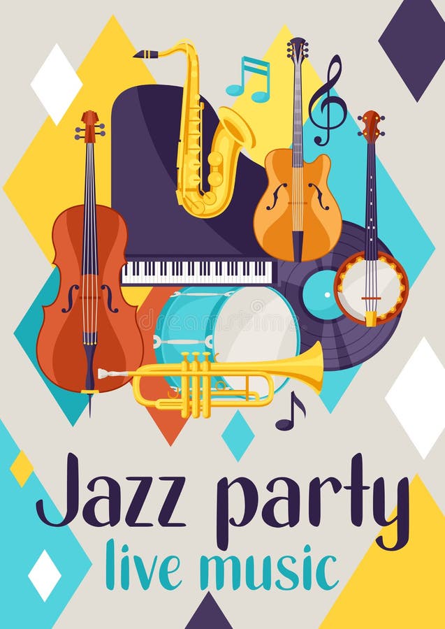 Levende de muziek retro affiche van de jazzpartij met muzikale instrumenten