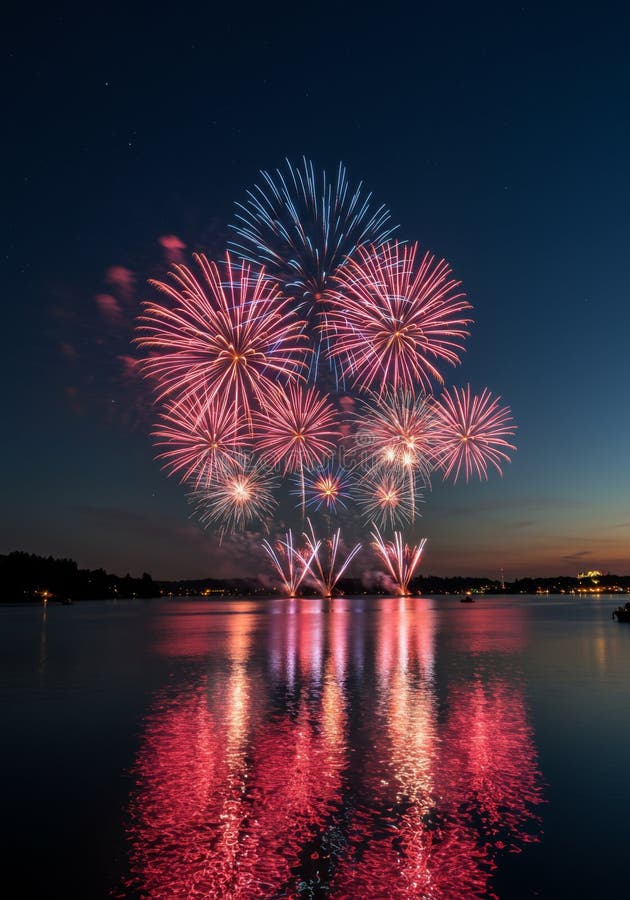 Levendige Fireworks-weergave boven Calm Water bij nacht stock illustratie