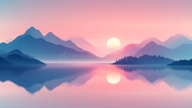 Lever De Soleil Au-Dessus Des Montagnes Misty Reflétant Dans Le Lac Calme illustration stock