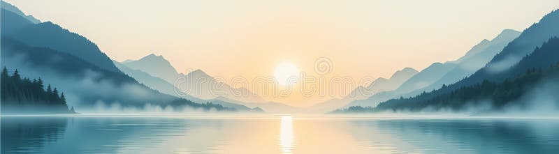 Lever de soleil au-dessus du lac de la montagne brumeux. nature tranquille illustration libre de droits