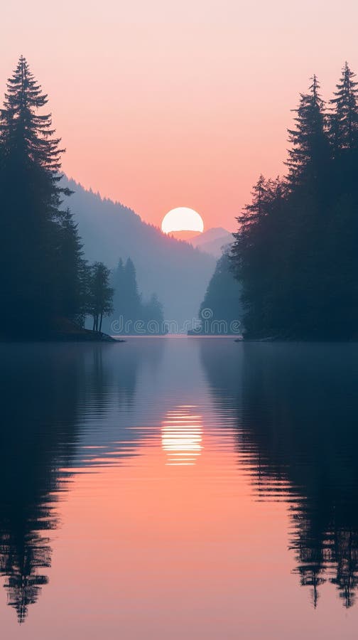 Lever de soleil calme sur un lac calme avec réflexion illustration stock
