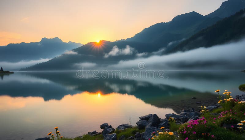 Lever de soleil magique sur un lac de montagne caché dans les Alpes suisses où la brume dérive sur l'eau calme illustration stock