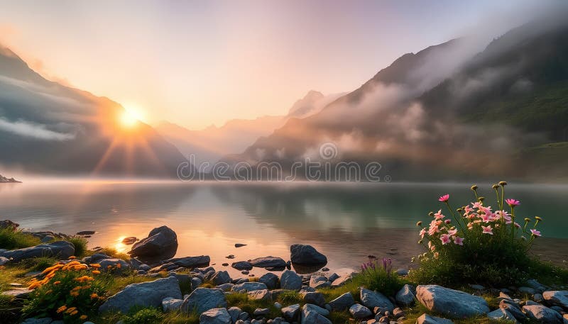 Lever de soleil magique sur un lac de montagne caché dans les Alpes suisses où la brume dérive sur l'eau calme 2 illustration stock