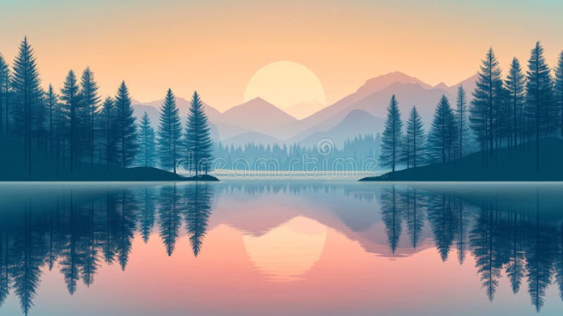 Lever De Soleil Pacifique Au-Dessus Des Montagnes Misty Reflétant Dans Le Lac illustration libre de droits