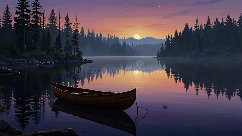 Lever de soleil paisible au-dessus d'un lac en canot illustration de vecteur
