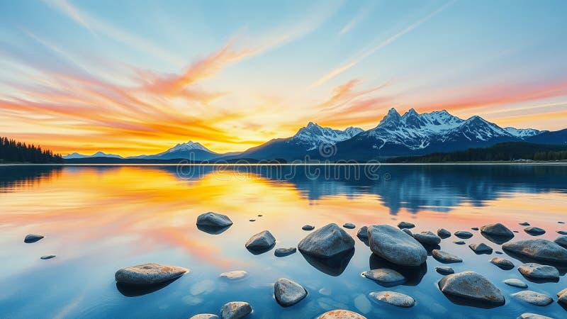 Lever de soleil paisible au-dessus d'un lac de montagne illustration libre de droits