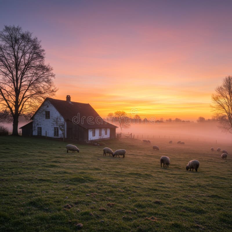 Lever de soleil paisible au-dessus d'une ferme de fumées avec mouton illustration stock