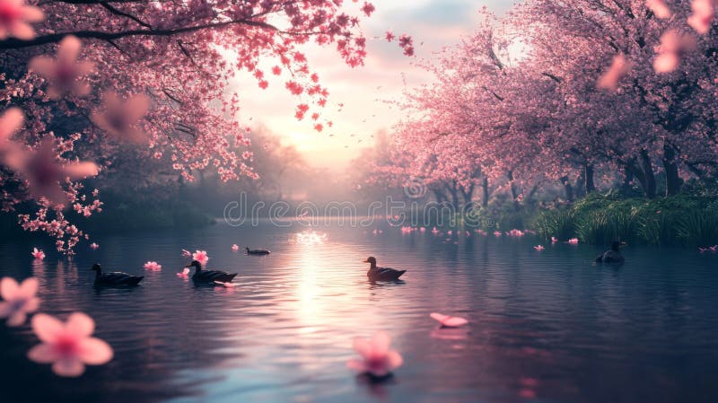 Lever de soleil paisible au-dessus des canards sur un lac Entouré de fleurs de cerisiers roses illustration stock