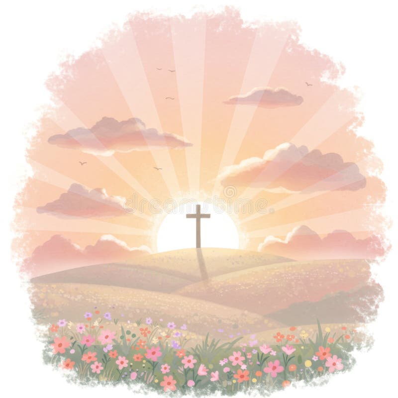 Lever de soleil paisible au-dessus des collines ondulées avec croix illustration stock