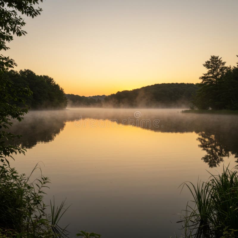 Lever de soleil paisible au-dessus du lac Misty avec des reflets dorés illustration stock