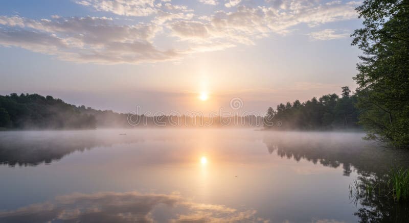 Lever de soleil paisible au-dessus du lac Misty avec soleil doré illustration stock