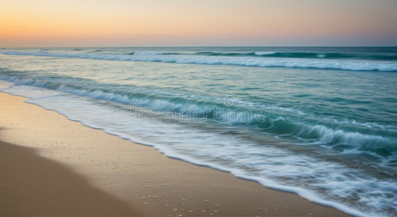 Lever de soleil paisible au-dessus de vagues océaniques calmes sur la plage de sable illustration stock