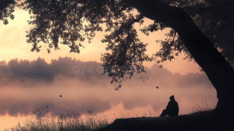 Lever de soleil paisible sur le lac Misty avec une personne Silhouetté par arbre illustration de vecteur