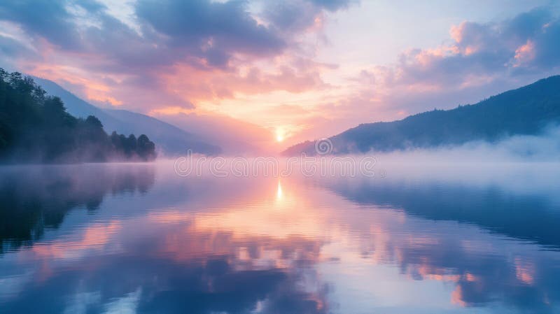 Lever de soleil paisible sur le lac Misty et les montagnes illustration stock