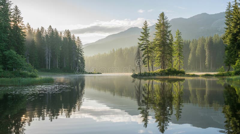 Lever de soleil paisible sur un lac tranquille avec des reflets d'arbres et de paysages de montagnes illustration stock